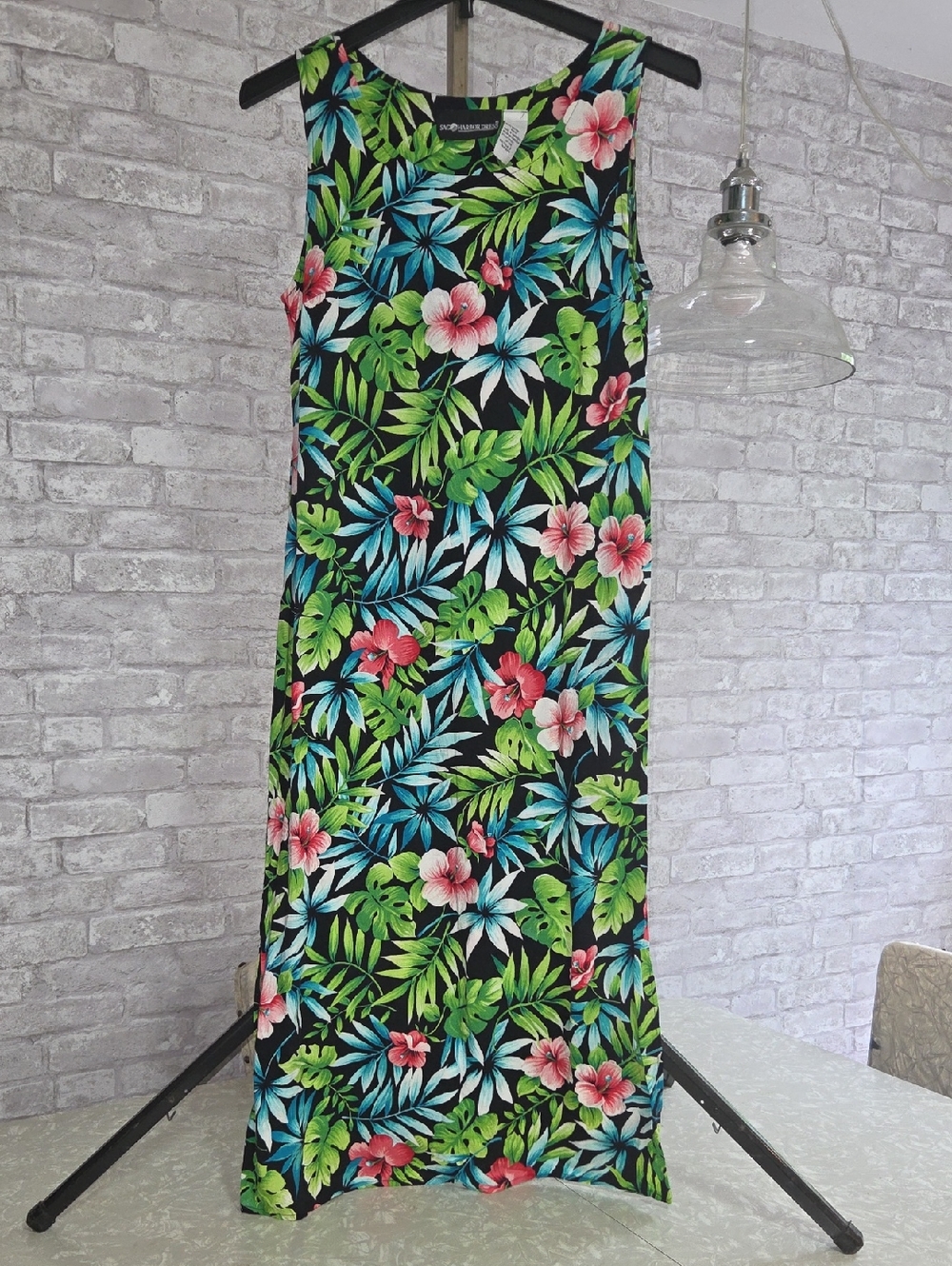 Sag Harbor Black Tropical Dress with Green, Blue & Pink Print
